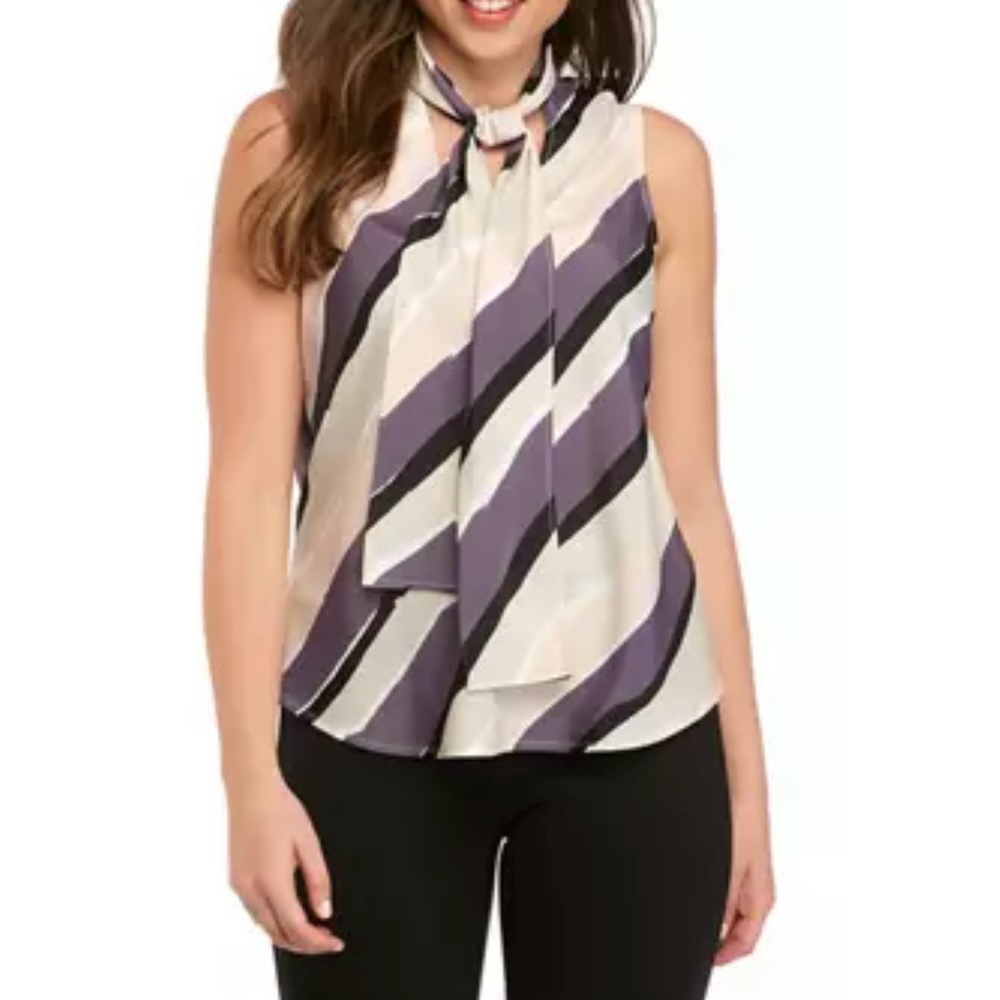 Nine West 3 for 15 SALE CLEARANCE Striped Bow Purple Pink Taupe Black Blouse